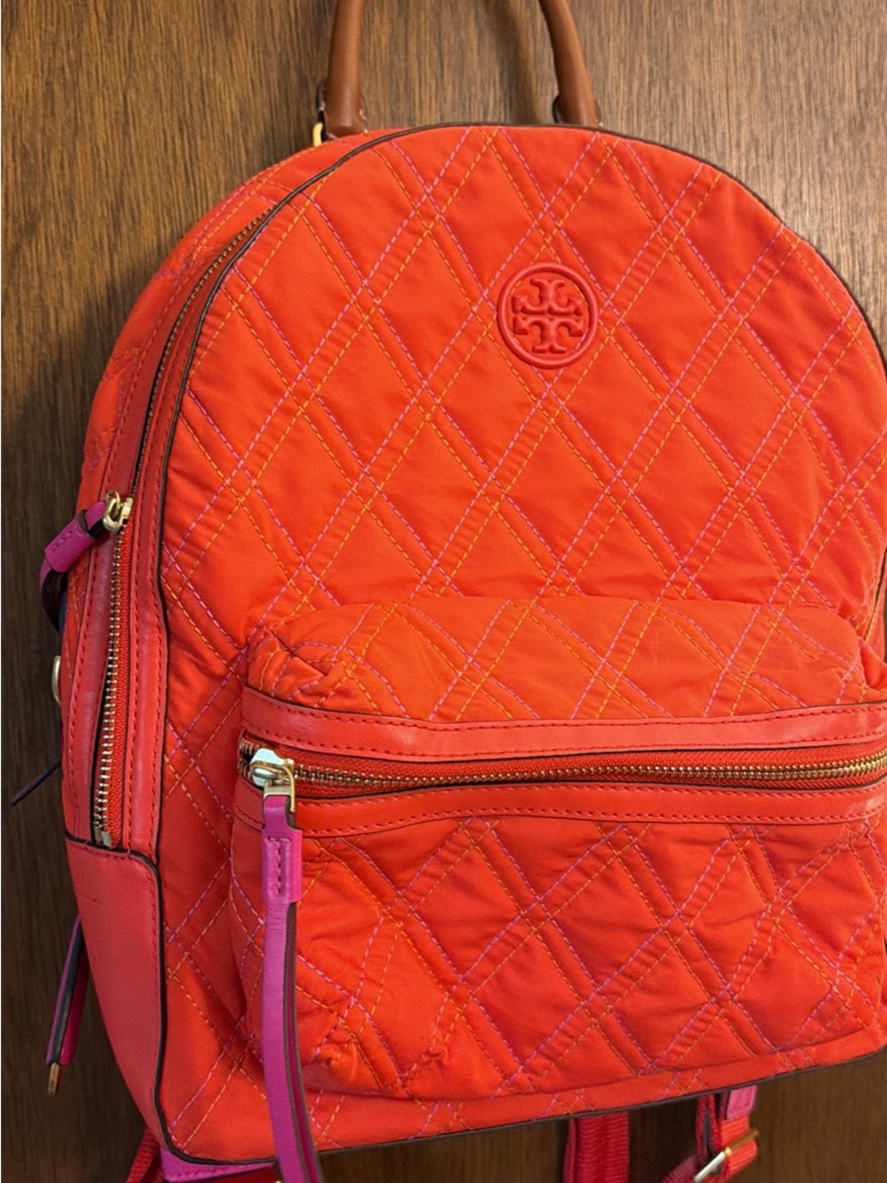 Tory Burch Quilted Orange Backpack with Pink Trim